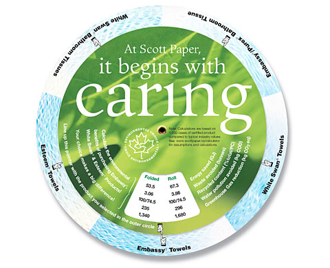 Scott Paper's recycled paper environmental benefit calculator wheel designed by design hq inc.