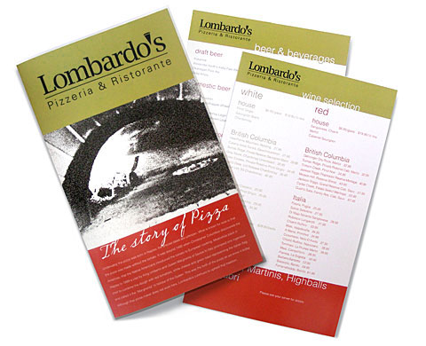 Preliminary laminated menus designed by design hq inc. for Lombardo's Pizzeria & Ristorante
