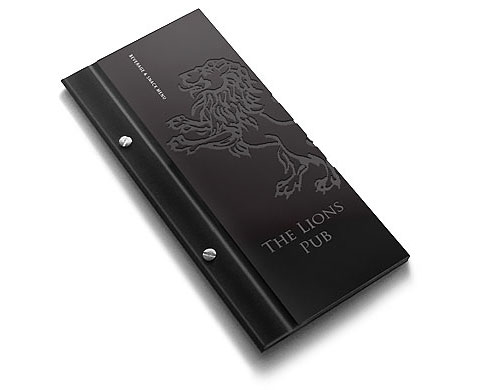 Menu designed by design hq inc. for the Lions Pub in the Terminal City Club, Vancouver, BC