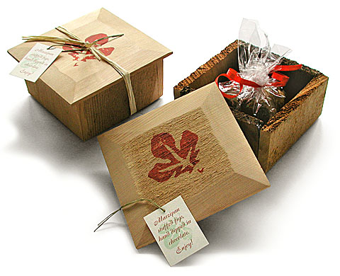 self-promotion hand made red cedar gift boxes full of marzipan stuffed chocolate dipped figs designed by design hq inc.